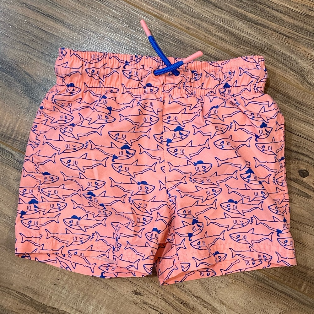 Size 18 Month Cat & Jack Bright Coral Swim Trunks With Electric Blue Sharks.